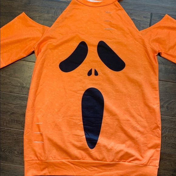 ORANGE Distressed Cold Shoulder Halloween Shirt - Picture 8 of 10